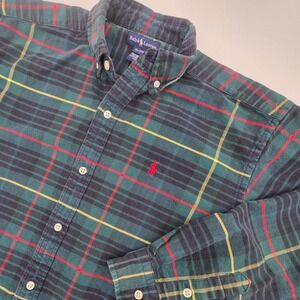 VINTAGE 90S RALPH LAUREN PLAID BUTTON DOWN BOYS XL GREEN RED PREPPY PONY HOLIDAY